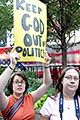 pro-bush and anti-bush demonstrators in msnbc audience, herald square, nyc, august 2004