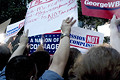 pro-bush and anti-bush demonstrators in msnbc audience, herald square, nyc, august 2004