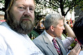 anti-bush protesters ejected from msnbc taping audience. equally loud pro-bush supporters were permitted to stay, herald square, nyc, august 2004