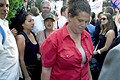 anti-bush protesters ejected from msnbc taping audience. equally loud pro-bush supporters were permitted to stay, herald square, nyc, august 2004