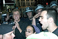 police clearing corner of  protesters, media, onlookers, herald square, nyc, august 2004