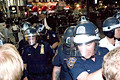 police clearing corner of  protesters, media, onlookers, herald square, nyc, august 2004