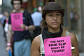 pink slip protest, broadway & park row, nyc, september 2004