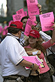 pink slip protest, broadway & park row, nyc, september 2004