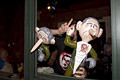 bush pinnochio dolls in restaurant window, protest during bush's nomination acceptance speech, 8th avenue & 30th street, nyc, september 2004